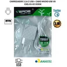 Carregador Turbo 3.1A Super Rápido com 2 Entradas USB e Cabo Micro USB V8 Verde