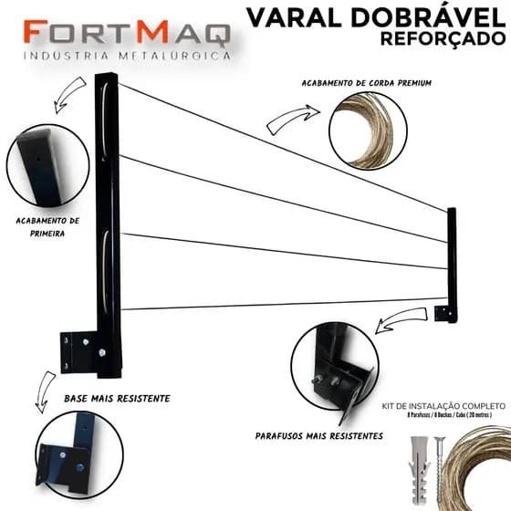 Varal Retratil Parede, Articulado em Aço, Suporta 60kg, Com cabo de aço encapado, Envio Imediato