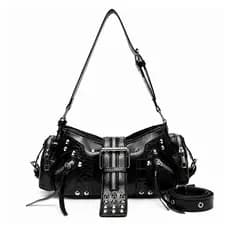 Bolsa Feminina Estilo Punk Gótica Y2K Preta Ombro Transversal com Tachas