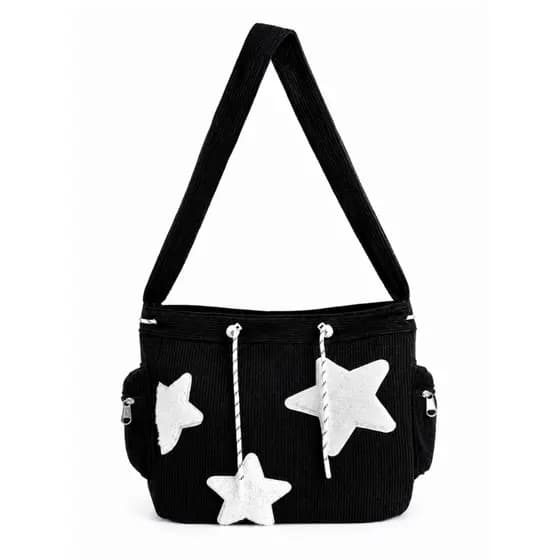 Bolsa Feminina de Ombro Corduroy Estrelas Crossbody Grande Casual Faculdade Preta