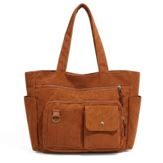 Bolsa Feminina de Veludo Cotelê Tote Grande Capacidade Vários Bolsos Bolsa de Ombro Casual Trabalho e Viagem