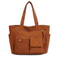 Bolsa Feminina de Veludo Cotelê Tote Grande Capacidade Vários Bolsos Bolsa de Ombro Casual Trabalho e Viagem