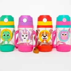 Garrafa de Água Infantil com Canudo e Duas Alças - Garrafinha de Água - Tampa Flip-Top Coruja Cachorro Unicornio Coruja