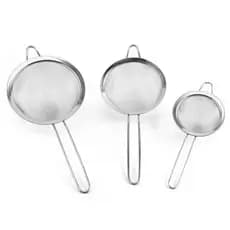 Kit 03 Peneira Coador Manual Em Aço Inox Para Cozinha Grande Pequeno 6cm 7cm 8,5cm 10cm 14cm 18cm
