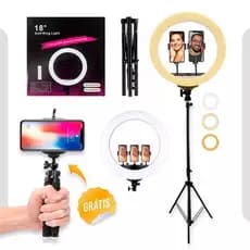 Ring Light Grande Iluminador 46cm Profissional Top 18 Polegadas + tripé 2,1m + 3 suportes de celular - righ Light - Hing Light  Led