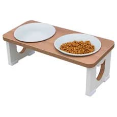 Comedouro Bebedouro Duplo Ergonômico para Gatos PET MDF Tigela Inox Porcelana Premium