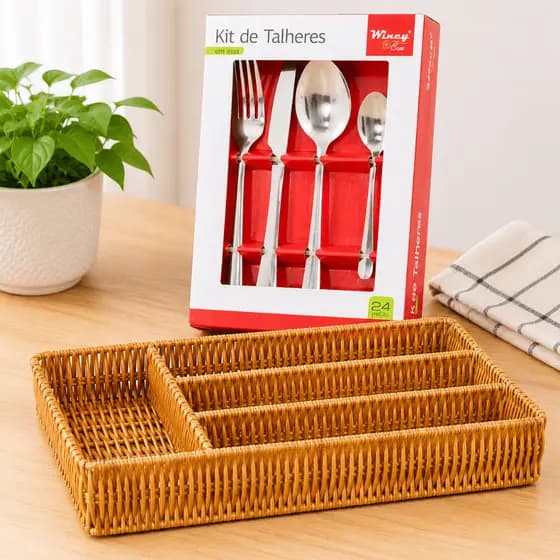 Kit Porta Talheres em Rattan com 24 Talheres Inox Colheres, Garfos e Facas para Cozinha, Mesa Posta e Organização