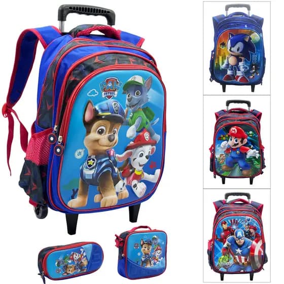 Mochila Escolar Infantil 3D Carrinho Kit Com Estojo Lancheira Térmica Impermeável Rodinhas 3 Peças - Menino