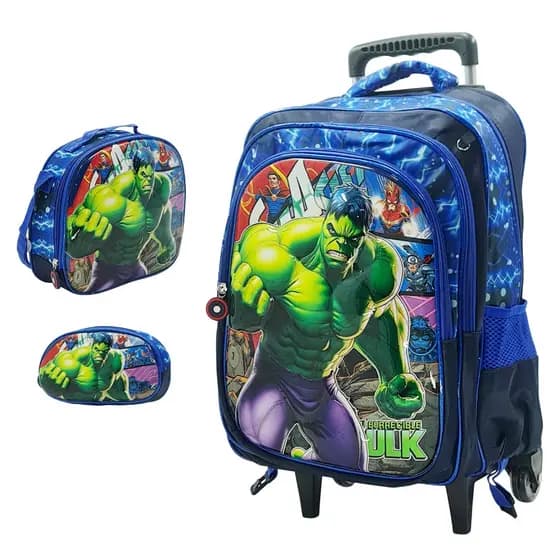 Mochila Escolar Infantil 3D Carrinho Kit Com Estojo Lancheira Térmica Impermeável Rodinhas 3 Peças - Menino Hulk