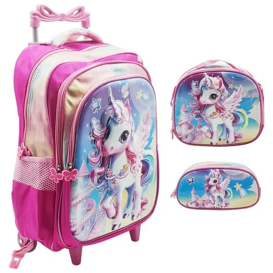 Mochila Escolar Infantil Carrinho Kit Com Estojo Lancheira Térmica Impermeável Rodinhas 3 Peças - Menina Unicórnio