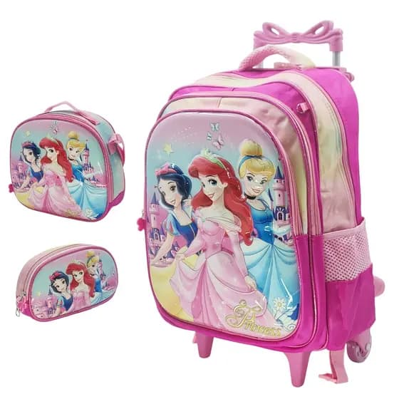Mochila Escolar Infantil Carrinho Kit Com Estojo Lancheira Térmica Impermeável Rodinhas 3 Peças - Menina Princesas