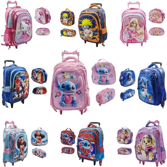 Mochila Escolar Infantil 3D Carrinho Kit Com Estojo Lancheira Térmica Impermeável Rodinhas 3 Peças