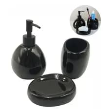 Kit Banheiro Lavabo Cerâmica Acessórios Preto 3 Peças