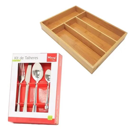 Kit Porta Talheres Mdf 4 Divisórias + Faqueiro 24 Talheres Em Inox
