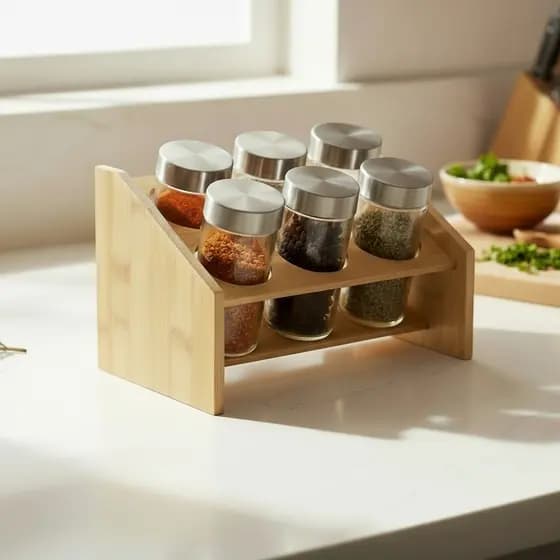 Porta Condimentos Temperos Suporte 6 Potes Cozinha Decoração Bambu