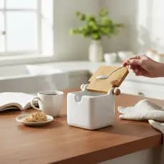 Saleiro Açucareiro Cerâmica Porcelana Tampa Bambu C/ Colher Branco