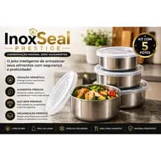 Kit 5 Potes Herméticos Inox, Redondo, Tampa Vedação Armazenamento Alimentos InoxSeal Prestiget 5 Potes Hermeticos Redond
