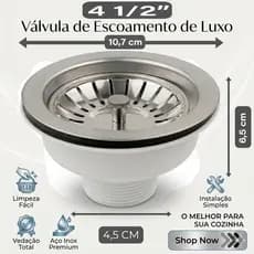 Valvula Pia 4 1/2'' Americana Cozinha Aco Inox P/ Escoamento