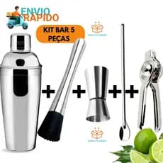Kit Bar 5 Peças Coqueteleira de inox Socador Dosador Duplo Colher Bailarina Espremedor De Limao Completo