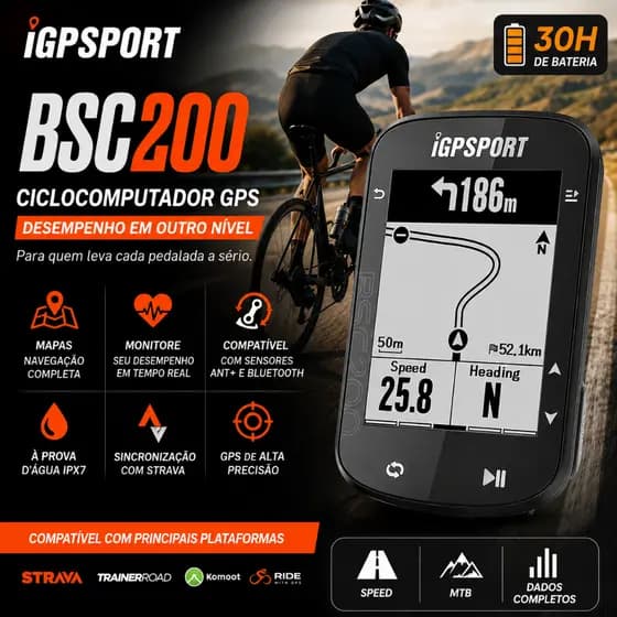Ciclocomputador GPS iGPSPORT BSC200 Bluetooth, ANT+, Strava, 30h Bateria, À Prova D’água Com Mapa Mtb Speed
