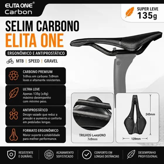 Selim Carbono Elita One 135g Super Leve Formato Ergonômico e Antiprostático Para MTB Speed