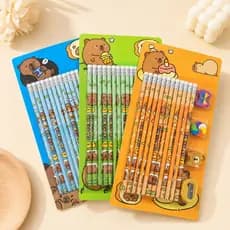 Kit 12 Lápis Capivara com Borrachas e Apontador Escolar Fofo Papelaria Kawaii