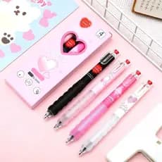 Kit 4 Canetas Pretas Ponta Fina 0.5mm Coração Rosa Cute para Escola