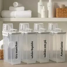 Kit 4 Potes Herméticos Organizadores de Lavanderia com Copo Medidor - Sabão Liquido em Pó, Amaciante