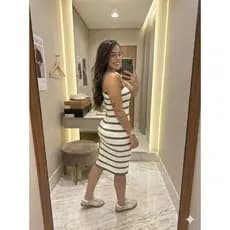Vestido midi Tricot modal tricô Listrado alcinha moda feminina