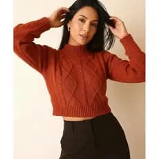 Blusa Feminina Cropped em Tricô Modal Gola Alta Manga Longa Tricô Outono Inverno
