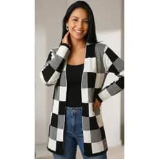 Cardigan Tricô Feminino Xadrez Alongado Manga Longa Inverno Elegante