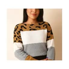 Blusa Feminina Tricô Color Block Animal Print Manga Longa Inverno