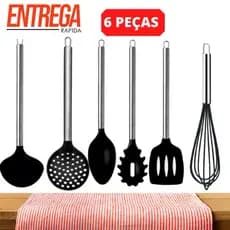 Kit 06 Utensílios de Cozinha Colheres Silicone Maciço Cabo 100% Inox