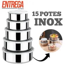 Kit 15 Potes em Aço Inox Tigelas Com Tampa Redondo Aluminio
