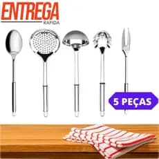 Jogo Kit Utensílios de Cozinha 5 Peças 100% Aço Inox Colher Escumadeira Concha Pegador de Massa e Garfo