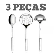 Jogo Kit Utensílios de Cozinha 3 Peças 100% Aço Inox Colher Escumadeira Concha Pegador de Massa e Garfo