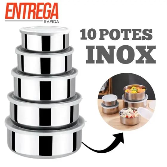 Jogo 10 Potes Em Inox Tigelas Alumínio Com Tampa Redondo