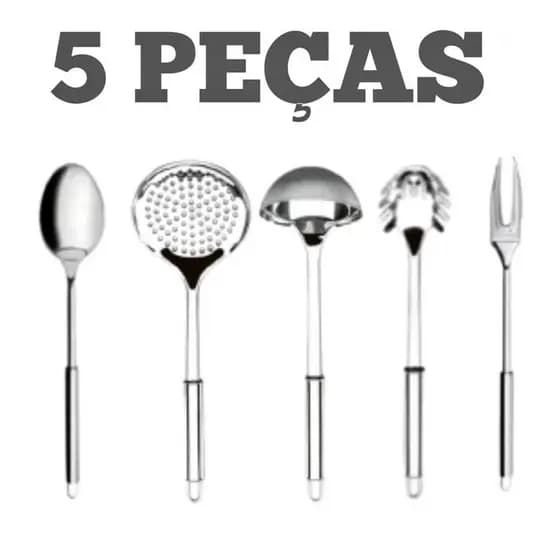 Jogo de Utensílios de Aço Inox 100 % para Cozinha Garfo Pegador de Massa Concha Escumadeira Colher