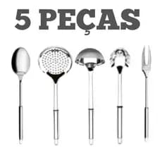 Jogo de Utensílios de Aço Inox 100 % para Cozinha Garfo Pegador de Massa Concha Escumadeira Colher