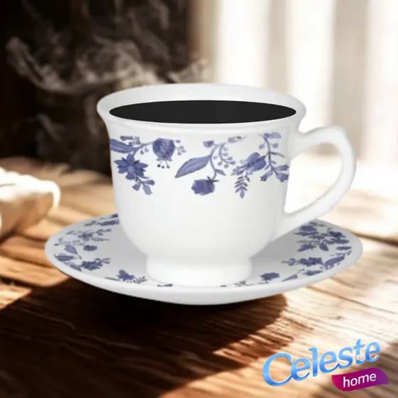 CONJUNTO DE 6 XÍCARAS COM PIRES VIDRO OPALINO 200ML - BRANCA DECORADA