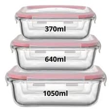 KIT COM 3 POTES HERMÉTICO RETANGULAR DE VIDRO BOROSSILICATO 370ml 640ml 1050ml