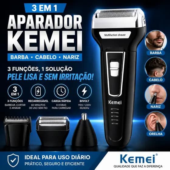 Aparador de Barba 3 em 1 Kemei Barbeador Elétrico Recarregável Máquina Cortar Cabelo e Nariz Bivolt