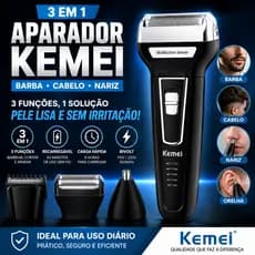 Aparador de Barba 3 em 1 Kemei Barbeador Elétrico Recarregável Máquina Cortar Cabelo e Nariz Bivolt