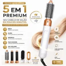 Escova Secadora 5 em 1 Profissional 110V Seca Alisa Modela Cacheia e Penteia Cabelo Branca Dourada 1000W
