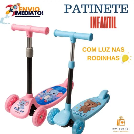 Patinete Infantil Rosa Ou Azul Com 3 Rodas E Led – Tema Variado, Leve E Seguro