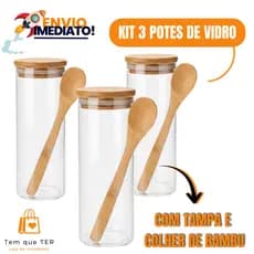 Pote De Vidro Redondo Tampa Bambu Hermético Com Colher 690ml