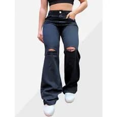 Calça Wide leg Pantalona Rasgada Preta Feminina