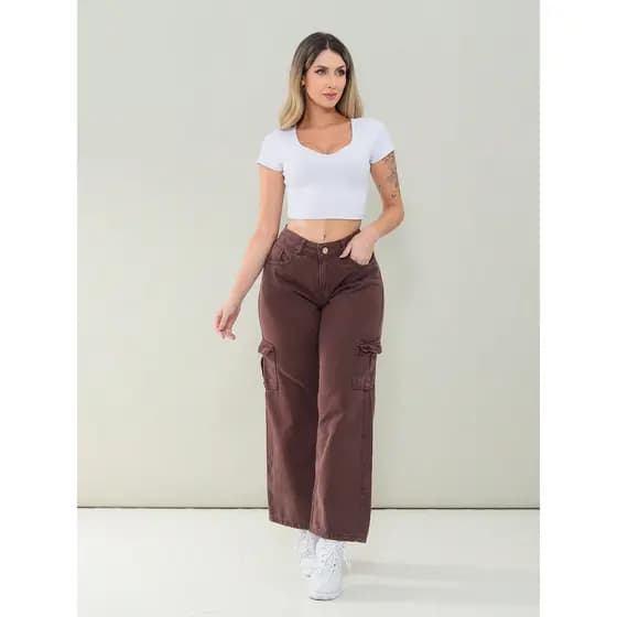 Calça Wide Leg Cargo Marrom Escuraaa