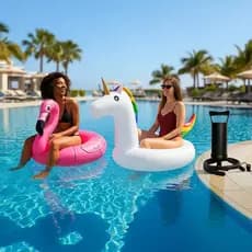 Kit 2 Boia Inflável Flamingo Gigante + Boia Unicórnio Grande + Bomba De Ar Adulto Infantil Criança Piscina Praia Present