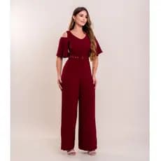 Macacão Pantalona Com cinto e Manga Vazada Social Elegante Crepe